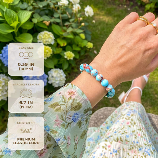Aqua Terra Jasper bracelet by Conscious Items featuring polished gemstone beads on a stretchy cord.