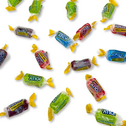 Assorted Jolly Rancher hard candies from Candy In Bulk in a large value bag, colorful fruit-flavored candies on display.