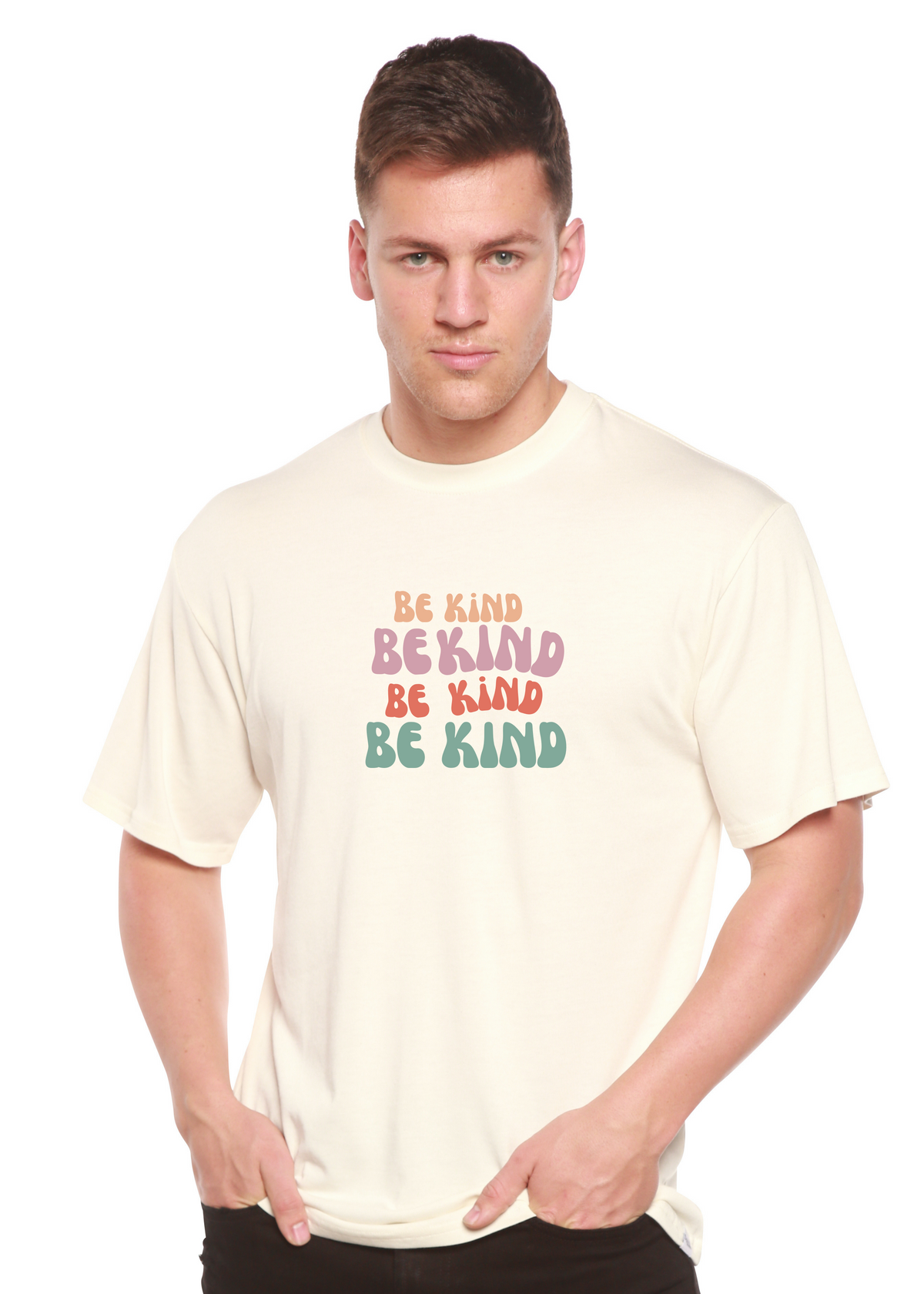 Spun Bamboo men's graphic T-shirt with "Be Kind" print, short sleeves, made from bamboo viscose and organic cotton fabric.