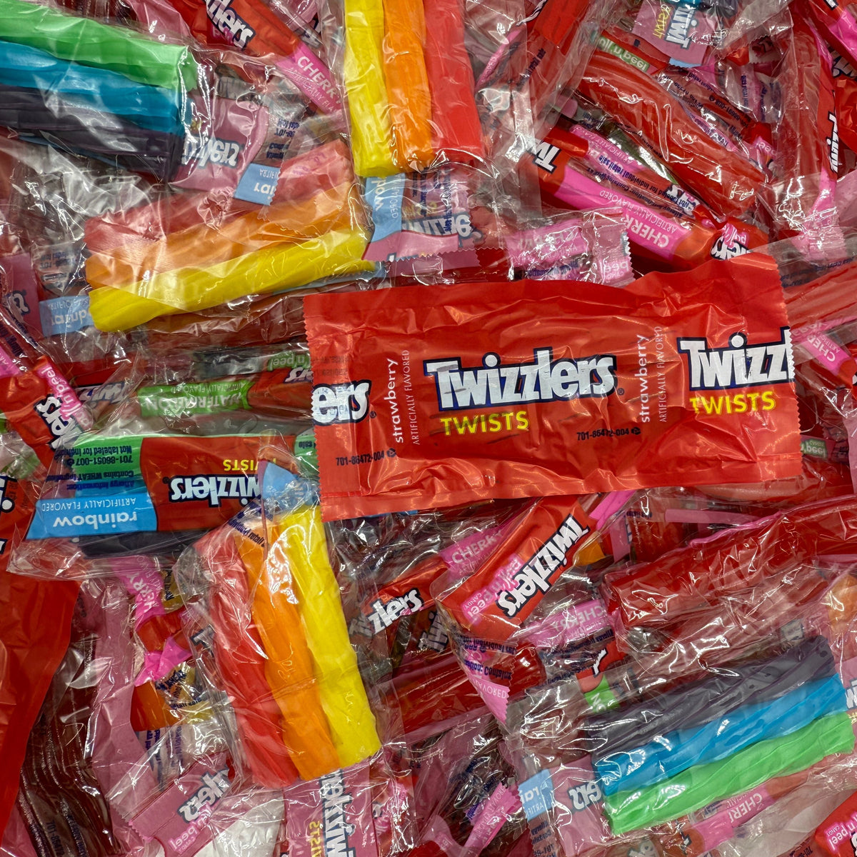 Assorted Twizzlers licorice twists and Pull ’N’ Peel candies in a bulk variety pack, individually wrapped chewy candy by Candy In Bulk.