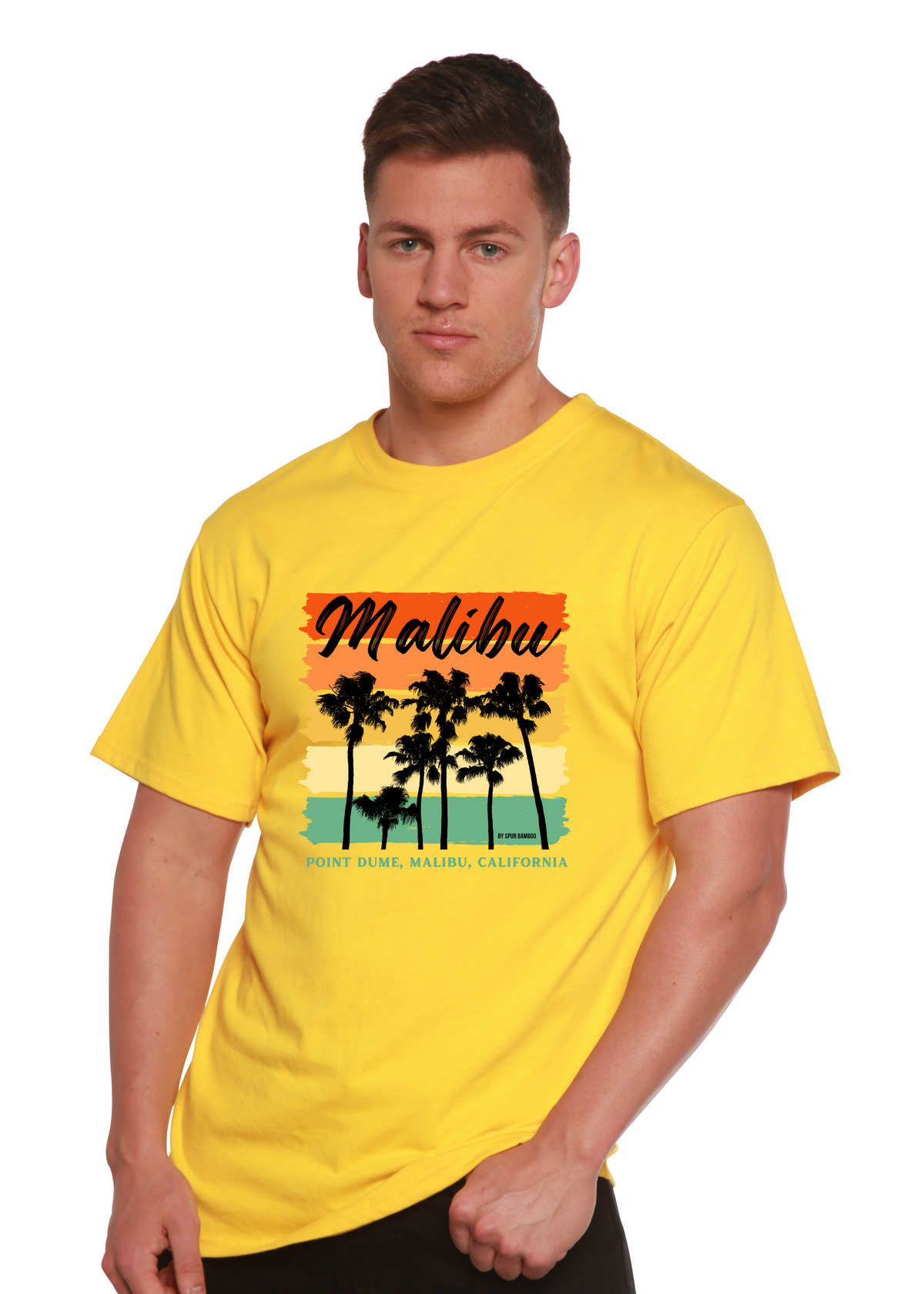 Spun Bamboo Malibu unisex short sleeve graphic T-shirt in bamboo viscose and organic cotton, with colorful printed design.