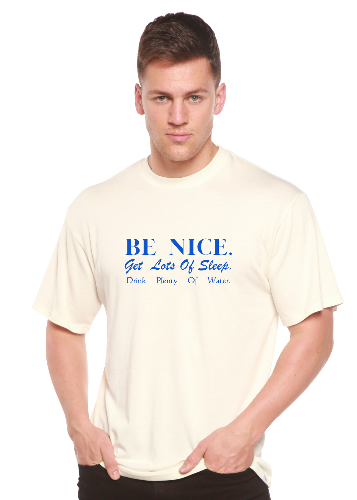 Men's Spun Bamboo be nice graphic T-shirt made from bamboo viscose and organic cotton with short sleeves and printed design.