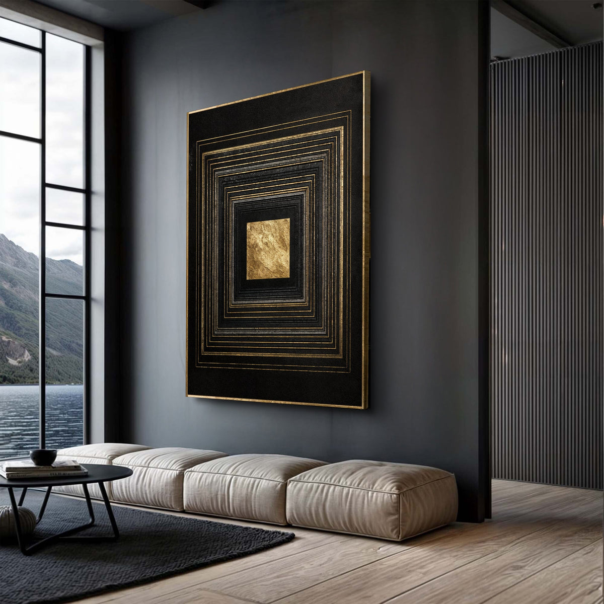 Black and gold canvas wall art by Tailored Canvases featuring modern abstract design on a sleek rectangular canvas.