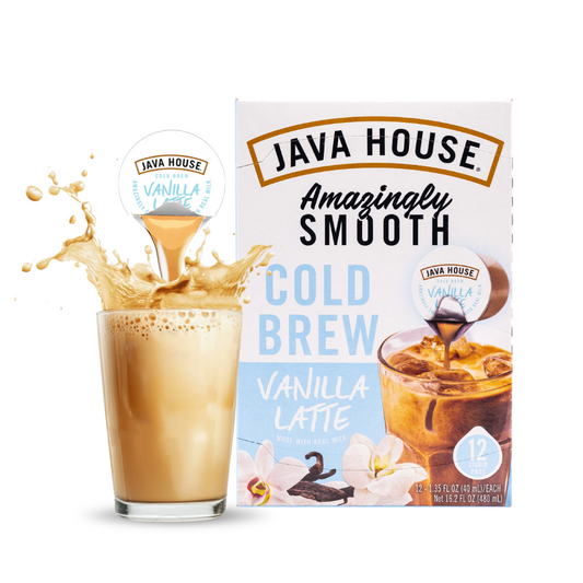 Cold brew latte with French vanilla flavor from Java House, featuring a tall glass filled with creamy coffee beverage and vanilla swirls.