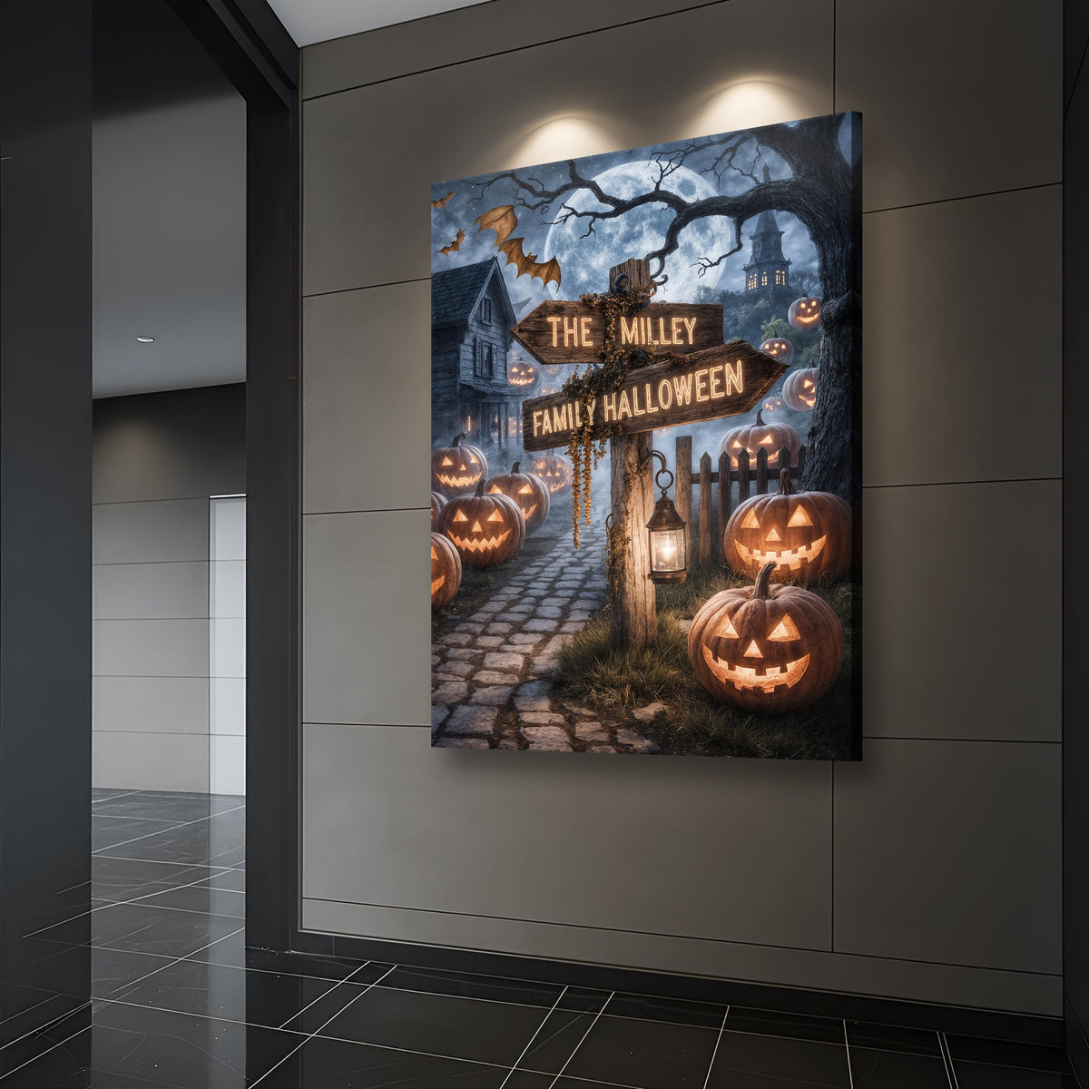 Personalized family name Halloween street sign canvas wall art with spooky design and custom text, perfect for Halloween decor.