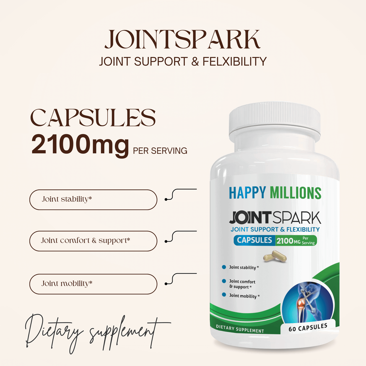Happy Millions JointSpark and Prostate Support supplement bottle with label, featuring natural ingredients and health benefits.