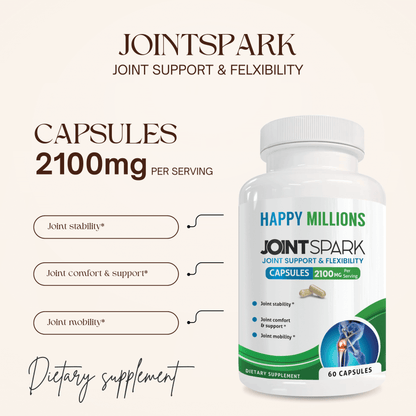 Happy Millions JointSpark and Prostate Support supplement bottle with label, featuring natural ingredients and health benefits.