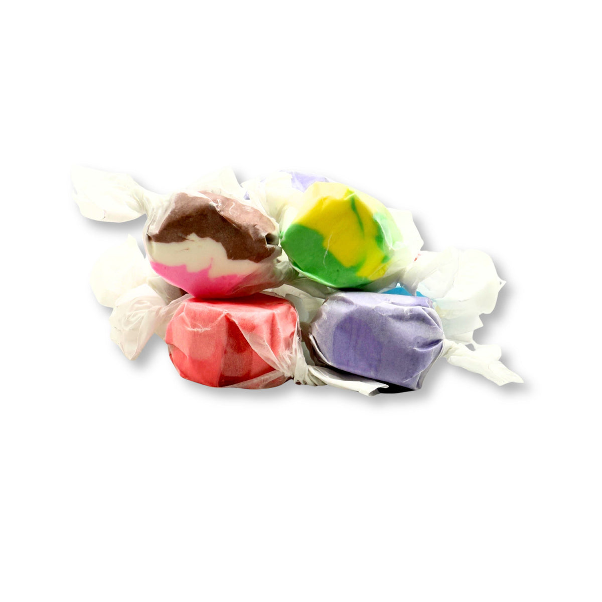 Assorted flavors of Candy In Bulk salt water taffy candies in a bulk value bag, colorful and soft chewy candy pieces.