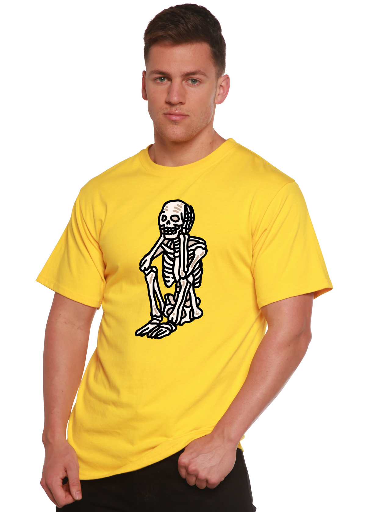 Men's printed Halloween skeleton T-shirt by Spun Bamboo, featuring a graphic skeleton design on short sleeve bamboo viscose organic cotton fabric.