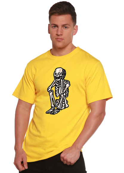Men's printed Halloween skeleton T-shirt by Spun Bamboo, featuring a graphic skeleton design on short sleeve bamboo viscose organic cotton fabric.