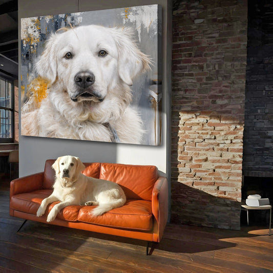 Abstract canvas wall art featuring a customized pet portrait by Tailored Canvases, showcasing vibrant colors and artistic details.
