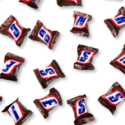 Mini Snickers chocolate candy bars from Candy In Bulk, shown in a bulk value bag, perfect for snacking or sharing