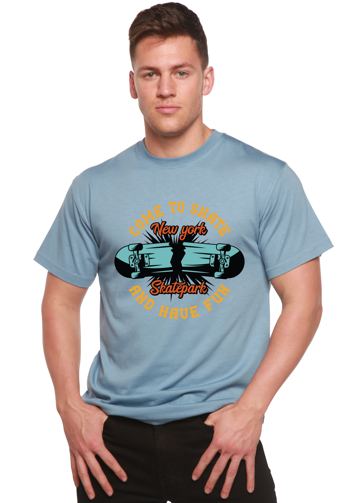 Men's printed graphic T-shirt by Spun Bamboo featuring bamboo viscose and organic cotton, with a New York Skatepark design.
