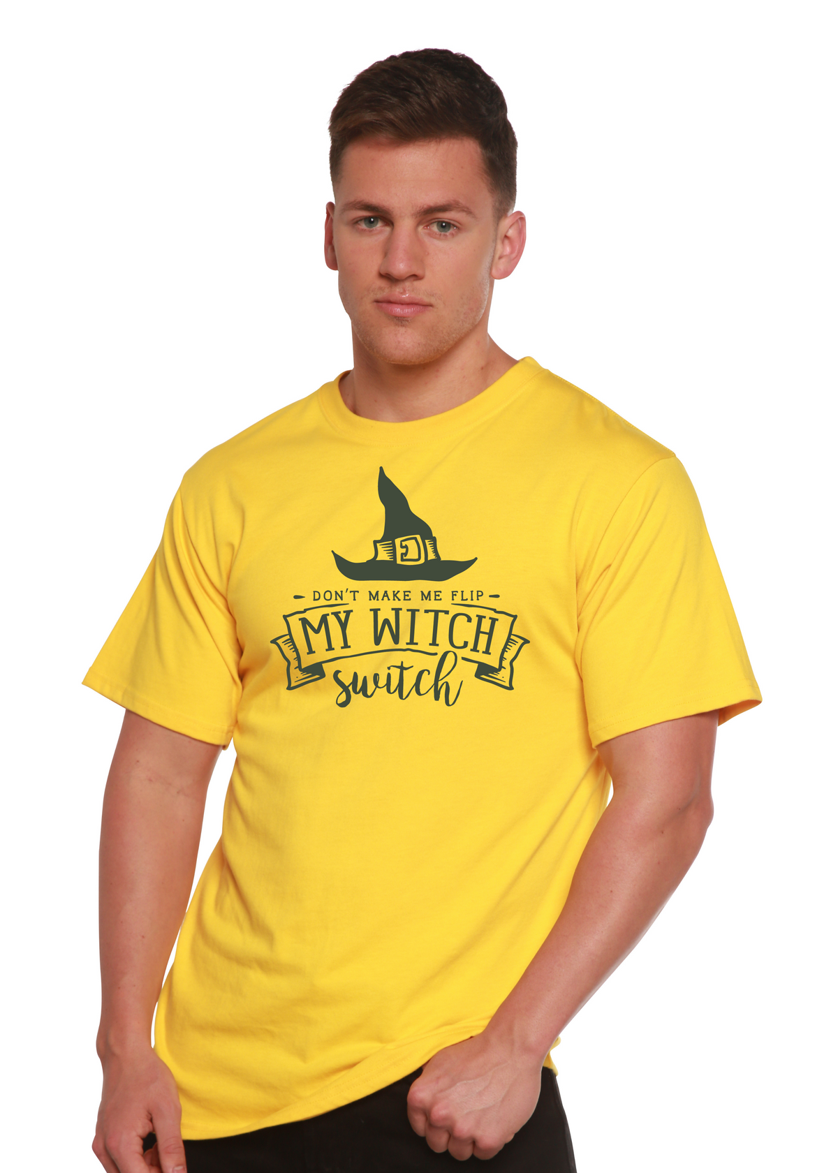 Men's printed graphic T-shirt by Spun Bamboo featuring a witch design in bamboo viscose and organic cotton fabric.