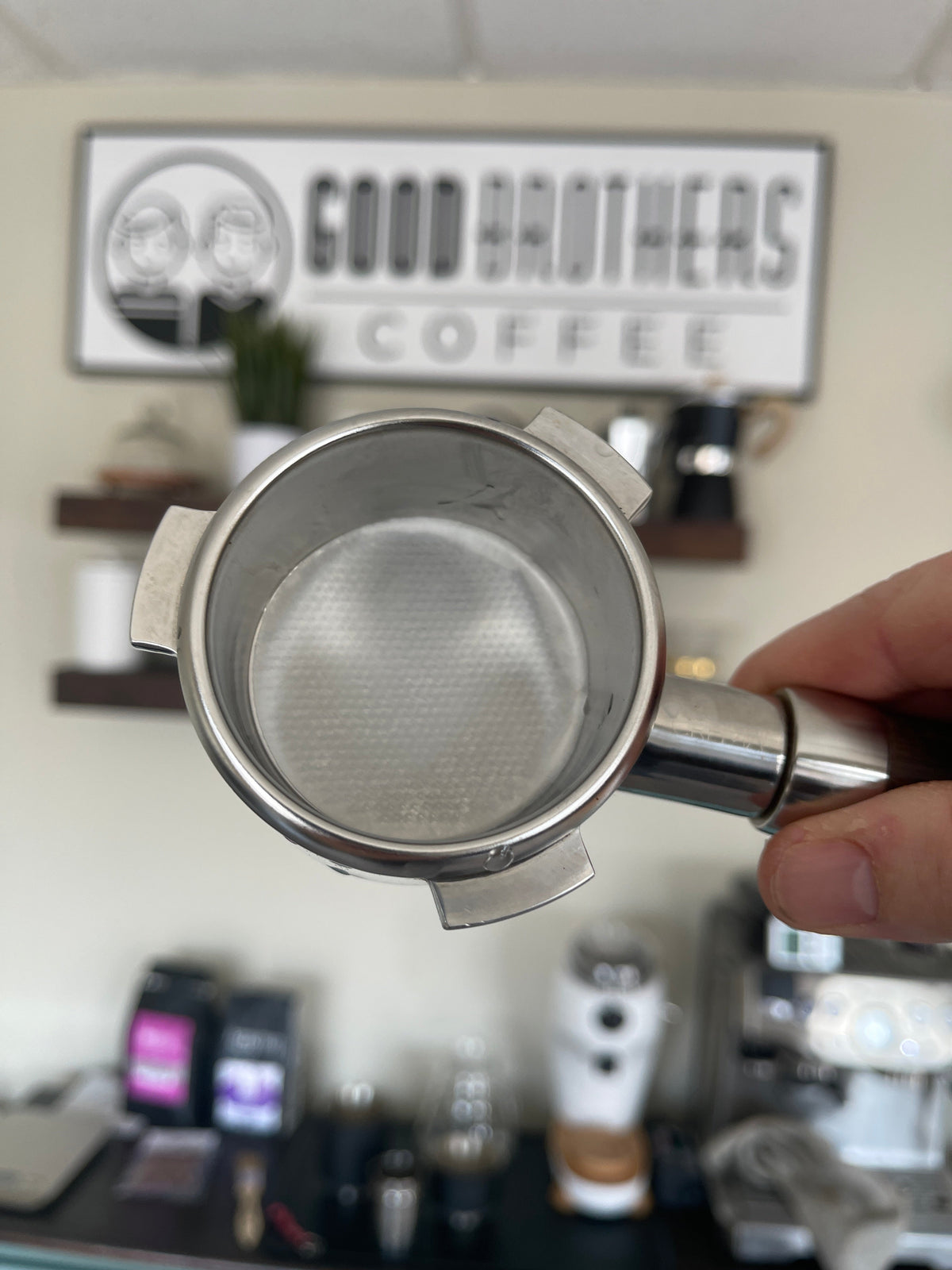 Two packs of Good Brothers Coffee LLC. espresso paper filters, 100-count each, for use with espresso machines and coffee brewing.