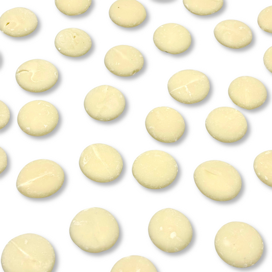 Creamy white chocolate coating wafer from Candy In Bulk, semi-melt with a smooth finish, ideal for baking and decorating desserts.