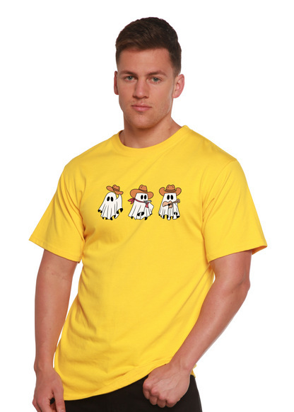 Spun Bamboo men's graphic T-shirt featuring cowboy ghost design, made from bamboo viscose and organic cotton, short sleeve style.