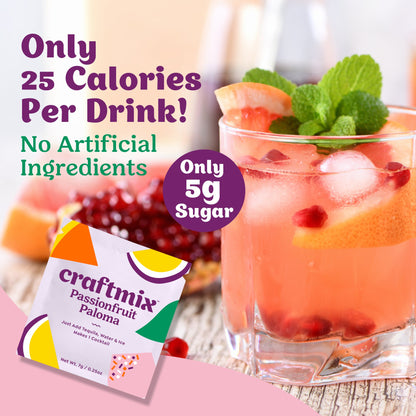 Craftmix Passionfruit Paloma cocktail mix 12-pack, featuring vibrant bottles, ideal for refreshing summer drinks.