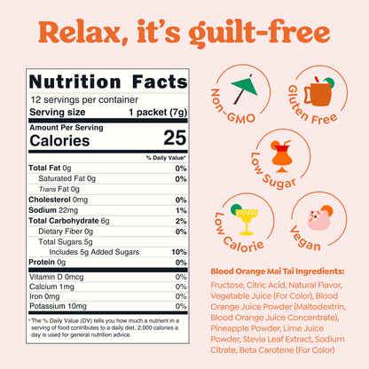 Craftmix Blood Orange Mai Tai cocktail mix pack with 12 drinks, featuring vibrant orange juice and tropical ingredients.