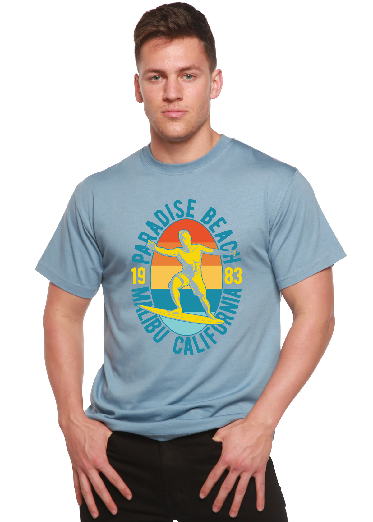 Men's Paradise Beach 1983 graphic T-shirt by Spun Bamboo, featuring bamboo viscose and organic cotton fabric with colorful printed design.