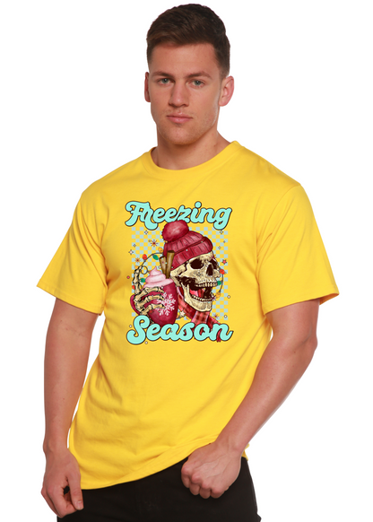 Unisex Freezing Season bamboo viscose organic cotton short sleeve graphic T-shirt by Spun Bamboo, with printed design, on a plain background.
