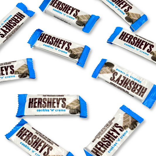 Two Hershey's Cookies 'n' Creme chocolate snack size candies in a bulk value bag from Candy In Bulk.