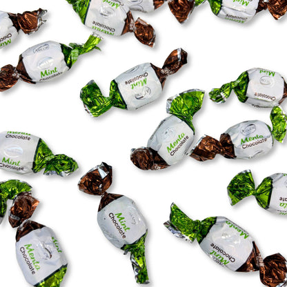 Two Arcor Chocolate Filled Mints hard candies from Candy In Bulk in a bulk value bag, showing shiny chocolate-filled mint candies.