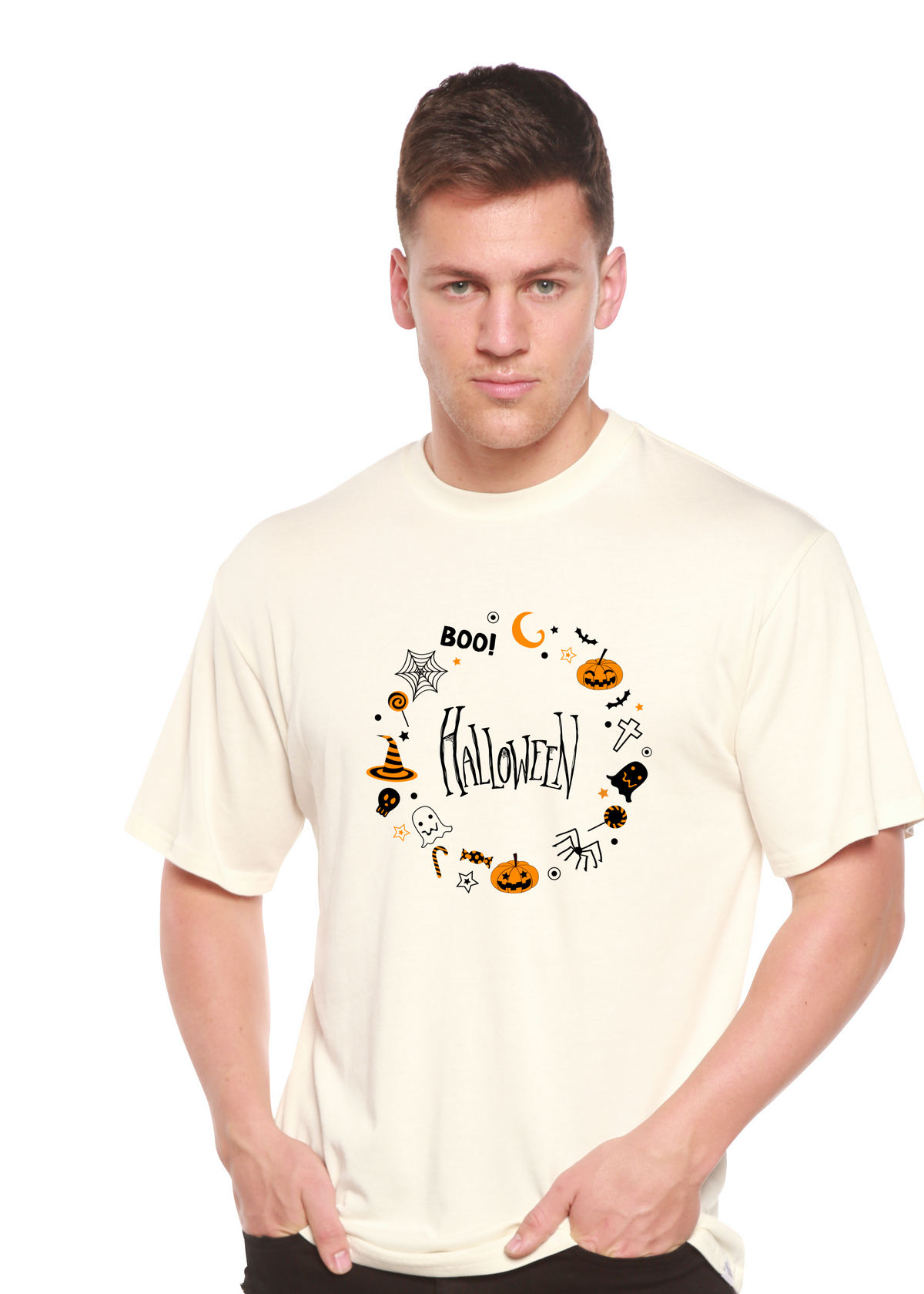 Spun Bamboo men's Halloween graphic T-shirt with short sleeves, bamboo viscose and organic cotton fabric, featuring a spooky print.