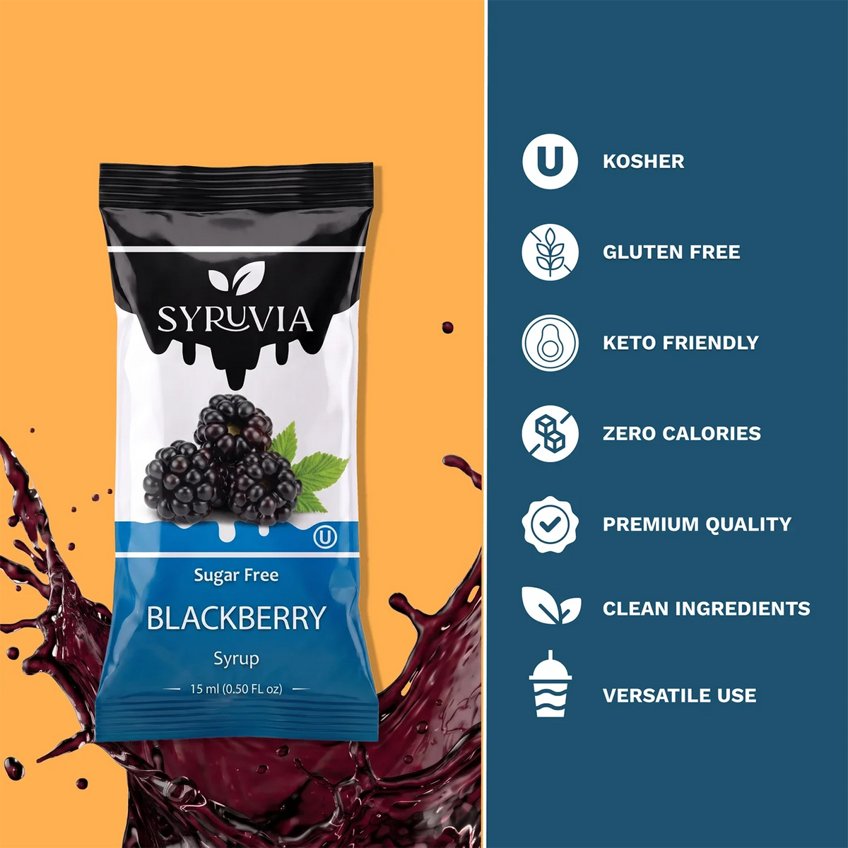 Two Syruvia sugar-free blackberry syrup pouches with vibrant blackberries and syrup inside, ready for use in beverages or desserts.