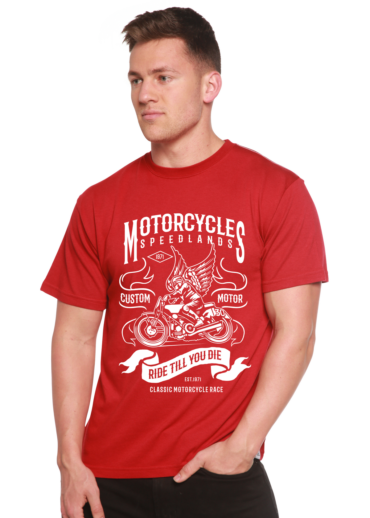 Men's Spun Bamboo motorcycle graphic T-shirt made from bamboo viscose and organic cotton, short sleeve, printed design.