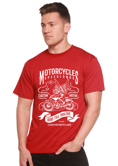 Men's Spun Bamboo motorcycle graphic T-shirt made from bamboo viscose and organic cotton, short sleeve, printed design.