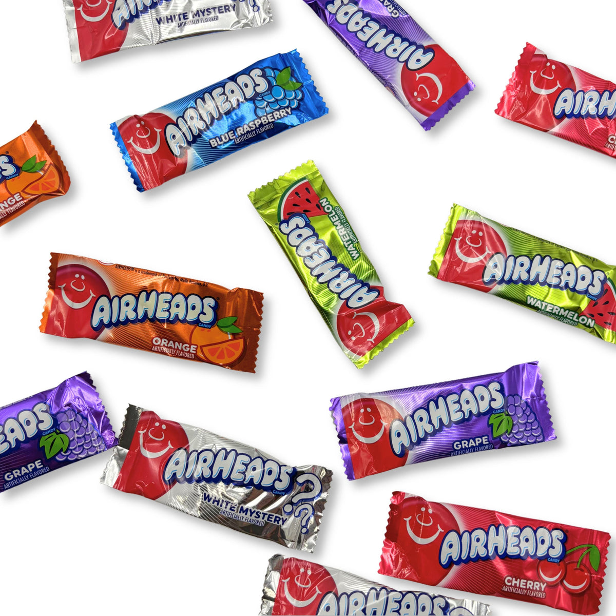 Assorted Airheads Mini Bars Candy in a bulk bag, featuring colorful, chewy candy in various flavors from Candy In Bulk.