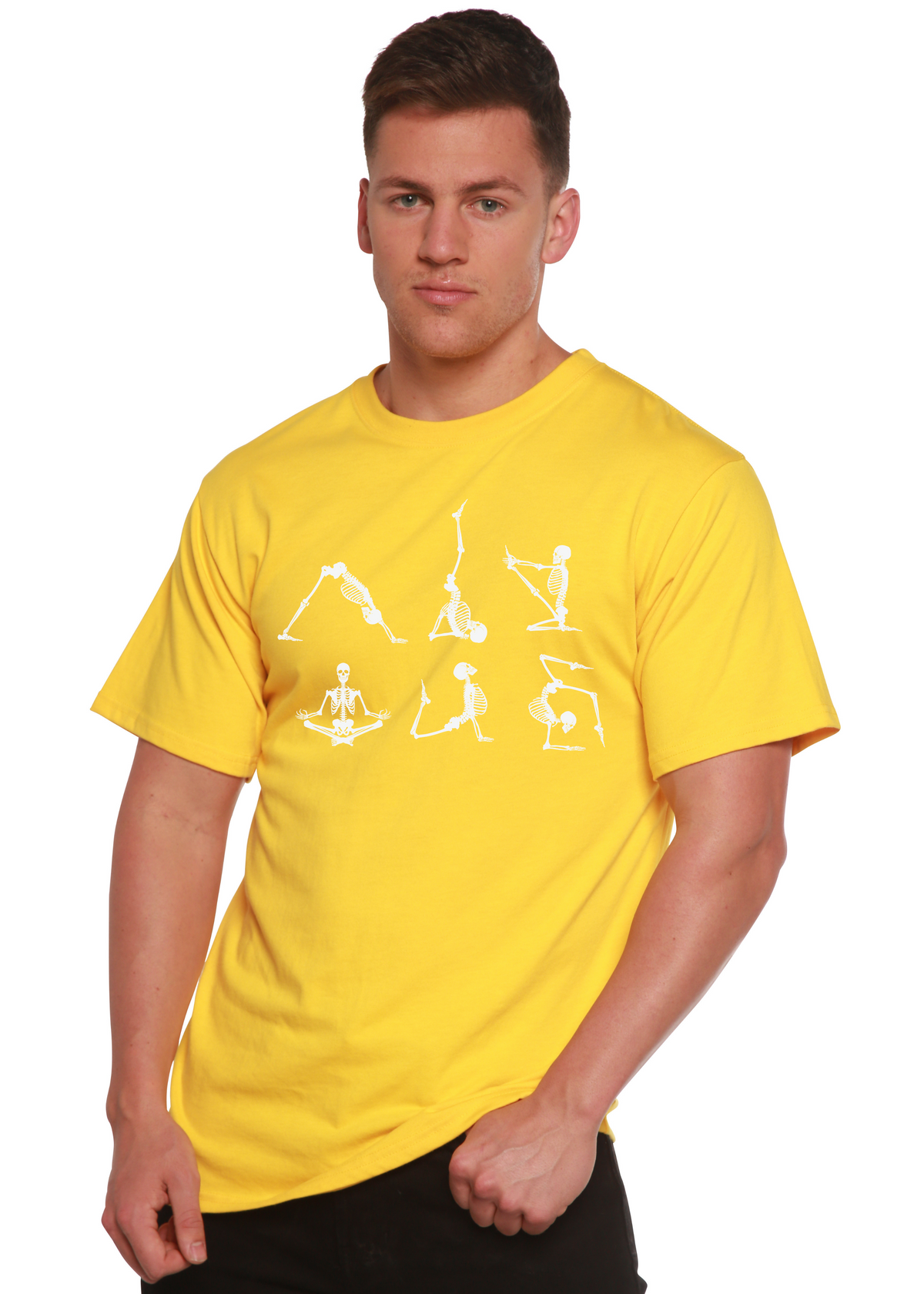 Men's Halloween Skeleton Namaste T-shirt by Spun Bamboo, short sleeve bamboo viscose organic cotton graphic tee with skeleton design.