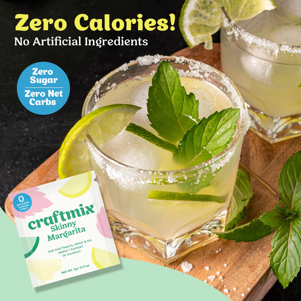Craftmix Skinny Margarita cocktail mix pack featuring 12 individual mixes with vibrant packaging and citrus flavor accents.