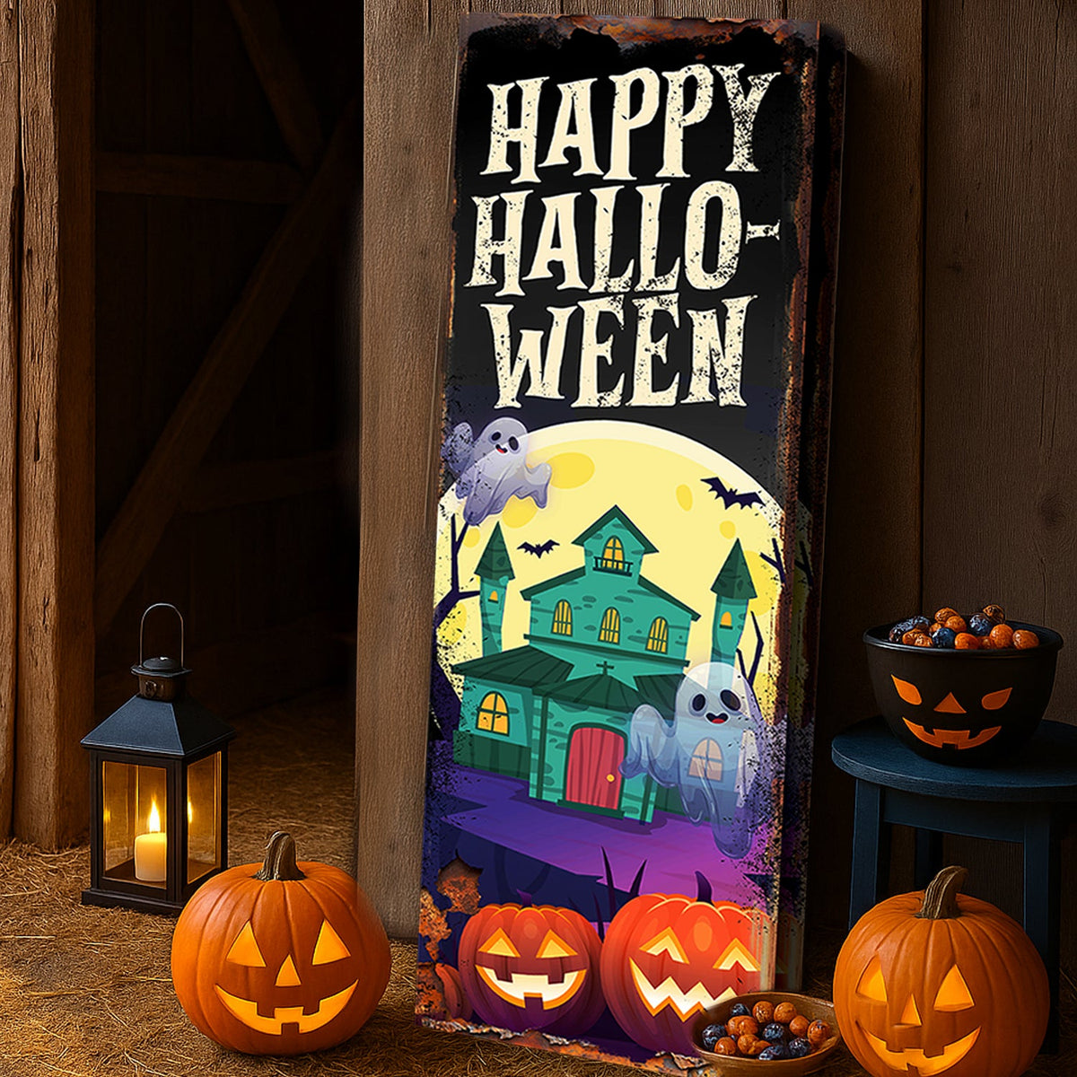 Halloween welcome sign canvas by Tailored Canvases featuring festive Halloween-themed design for holiday decor.