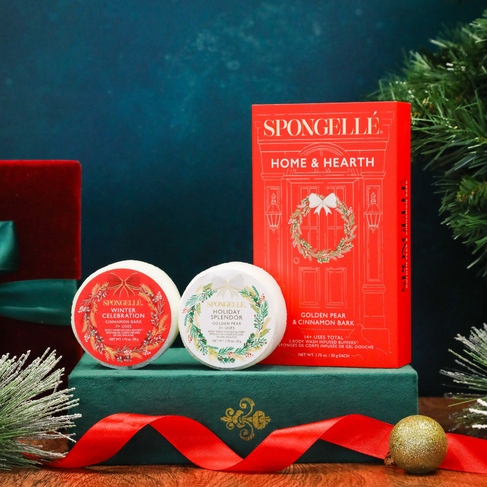 Spongellé Holiday Wreath Gift Set with Body Wash Infused Buffer, festive holiday-themed skincare gift set.