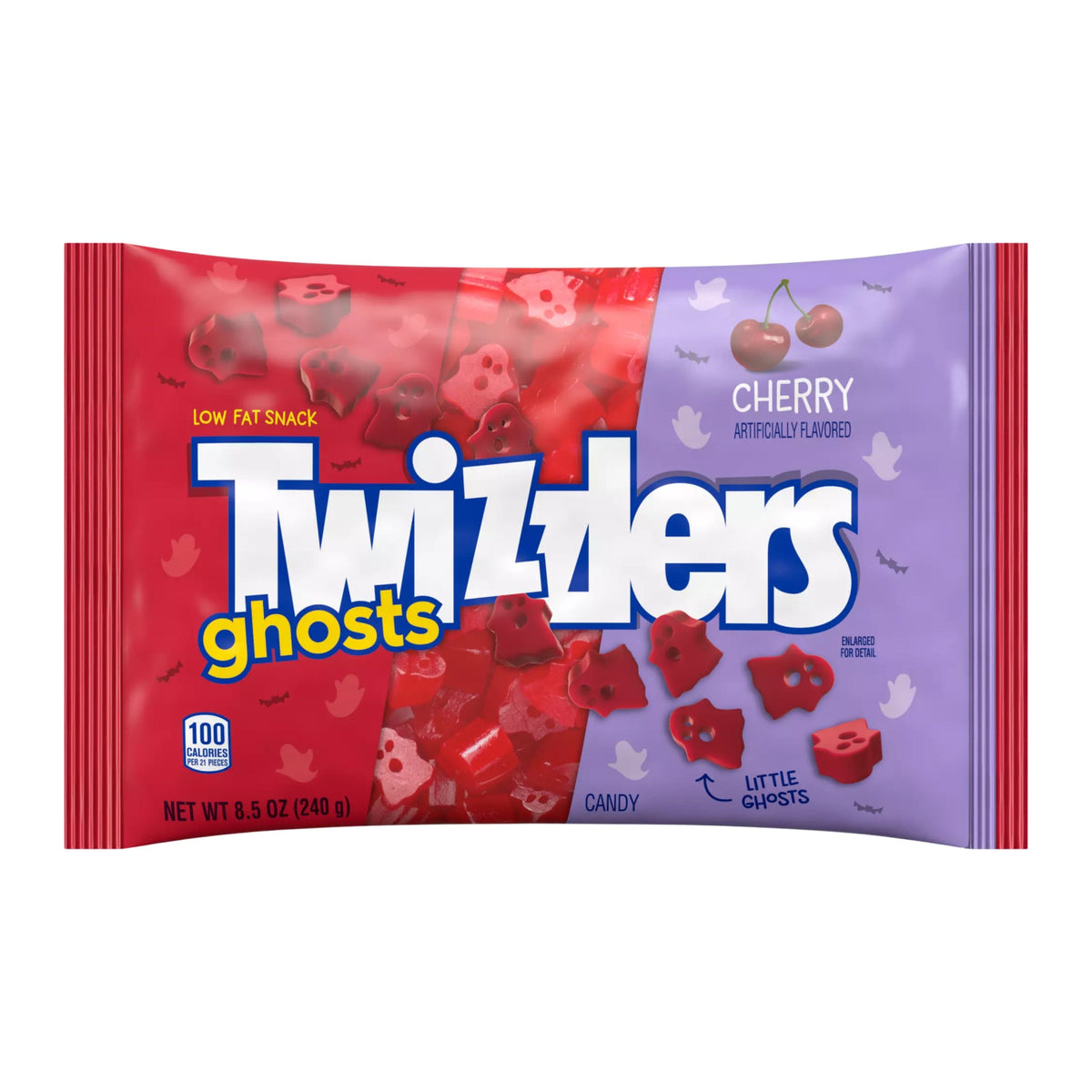 Twizzlers Cherry Flavored Ghosts chewy candy bag from Candy In Bulk, featuring bright red ghost-shaped cherry-flavored lollipops.