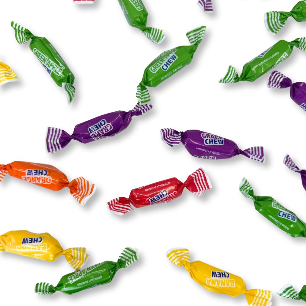 Assorted Colombina Fruit Chews candy in a bulk value bag, featuring colorful, fruit-flavored chewy candies from Candy In Bulk.
