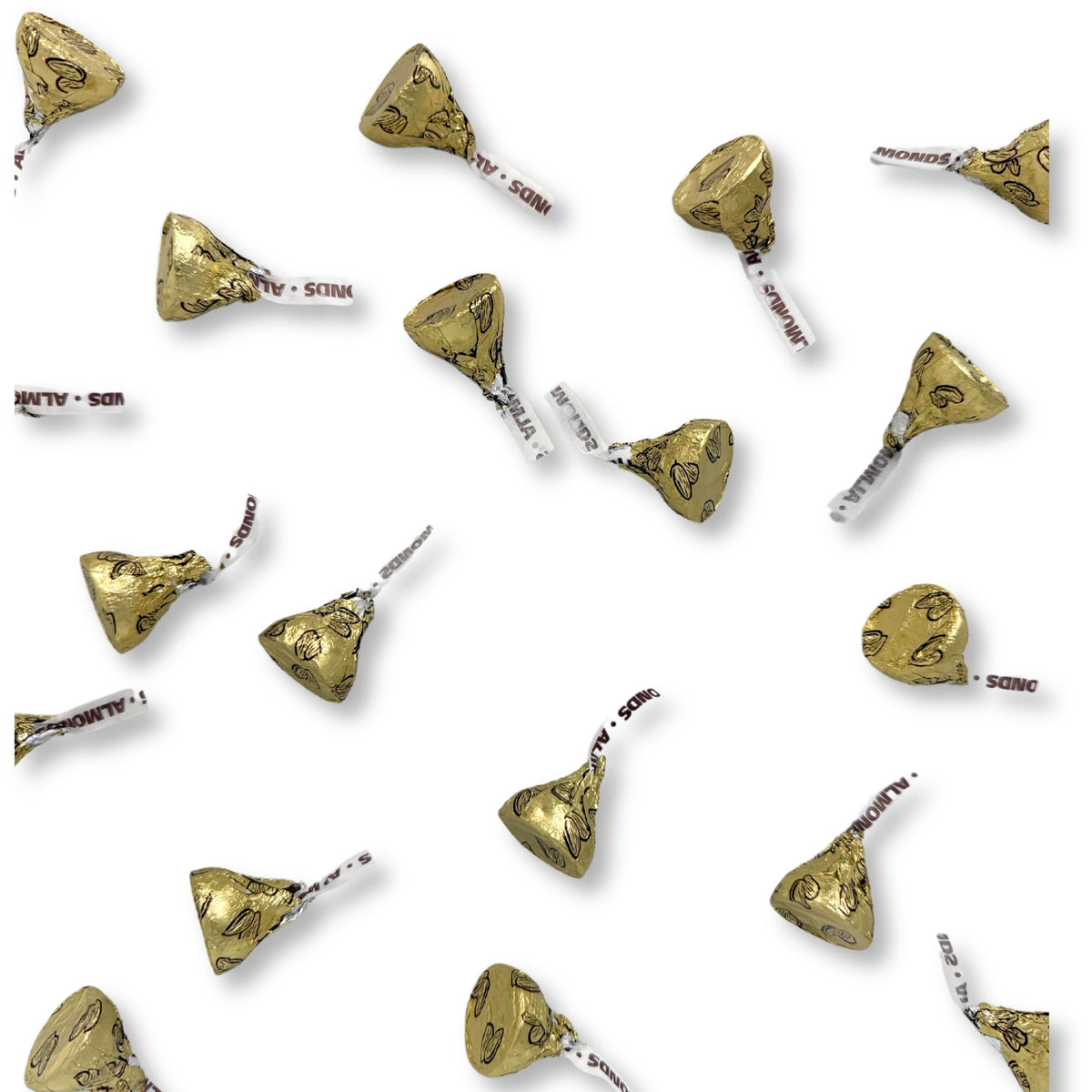 Hershey's Kisses Milk Chocolate with Almonds in a bulk Candy In Bulk bag, showing shiny foil-wrapped chocolates with almonds inside.