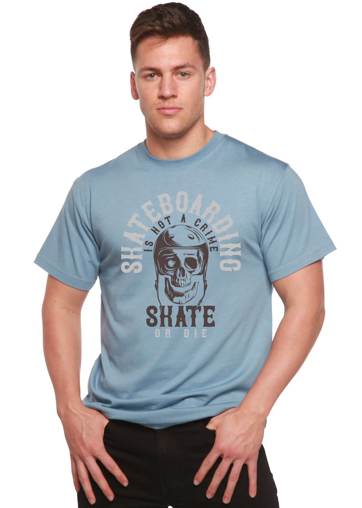 Men's Spun Bamboo skateboard graphic T-shirt in bamboo viscose and organic cotton, featuring a colorful printed skateboarding design.
