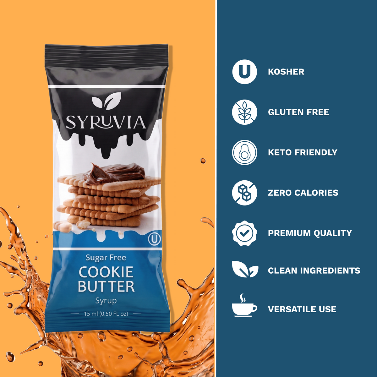 Two Syruvia sugar-free cookie butter syrup pouches with branding and colorful packaging on a white background.