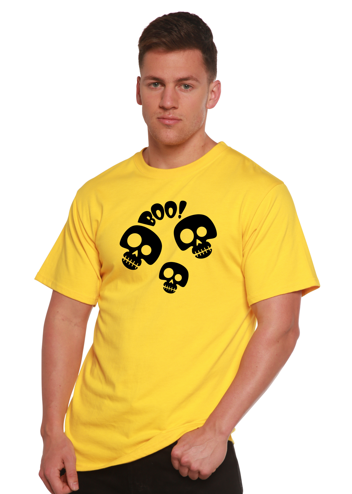 Unisex Halloween Boo graphic T-shirt made of bamboo viscose and organic cotton, featuring a spooky design by Spun Bamboo.