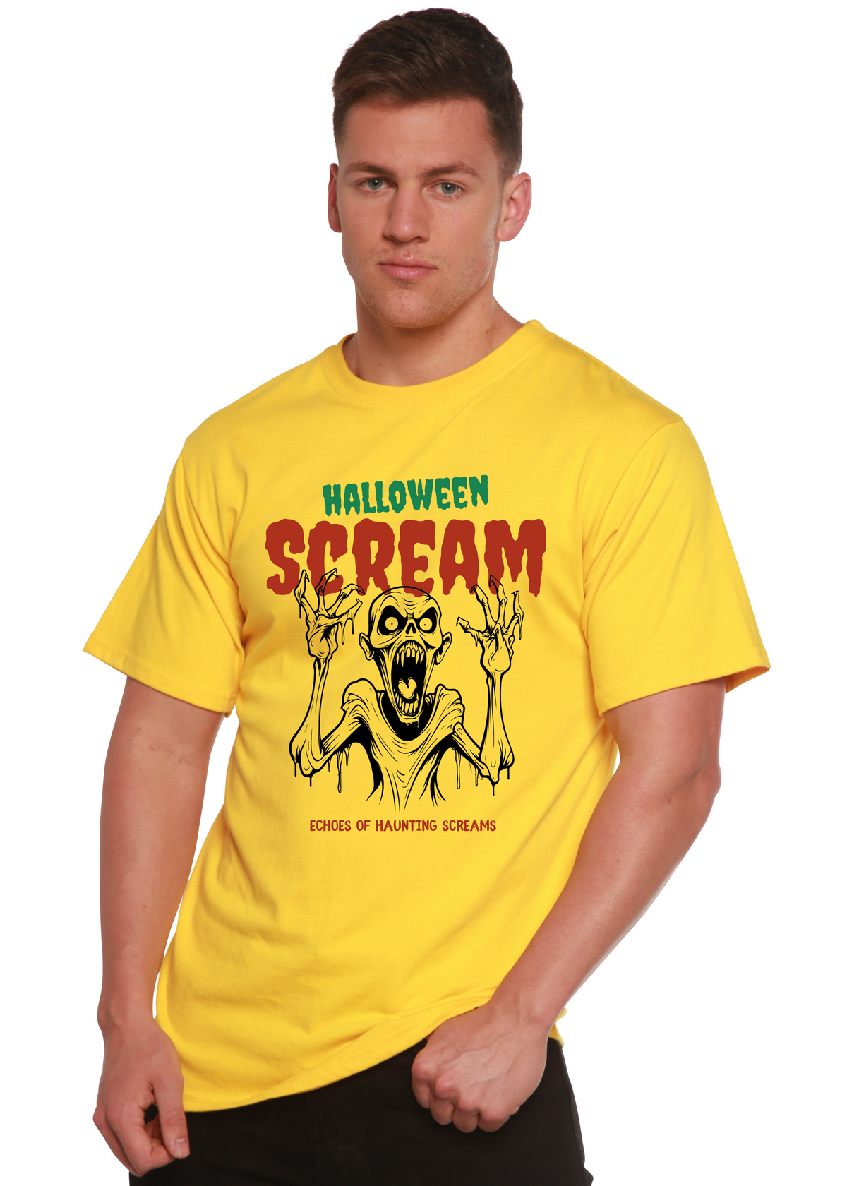 Men's Halloween Scream graphic T-shirt by Spun Bamboo, short sleeve with printed spooky design in bamboo viscose and organic cotton fabric.