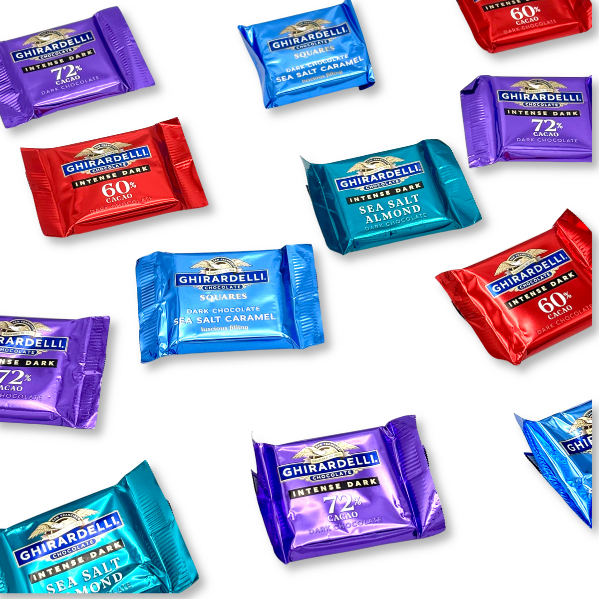 Assorted Ghirardelli dark chocolate squares in a bulk candy bag, featuring rich, smooth chocolate pieces from Candy In Bulk.