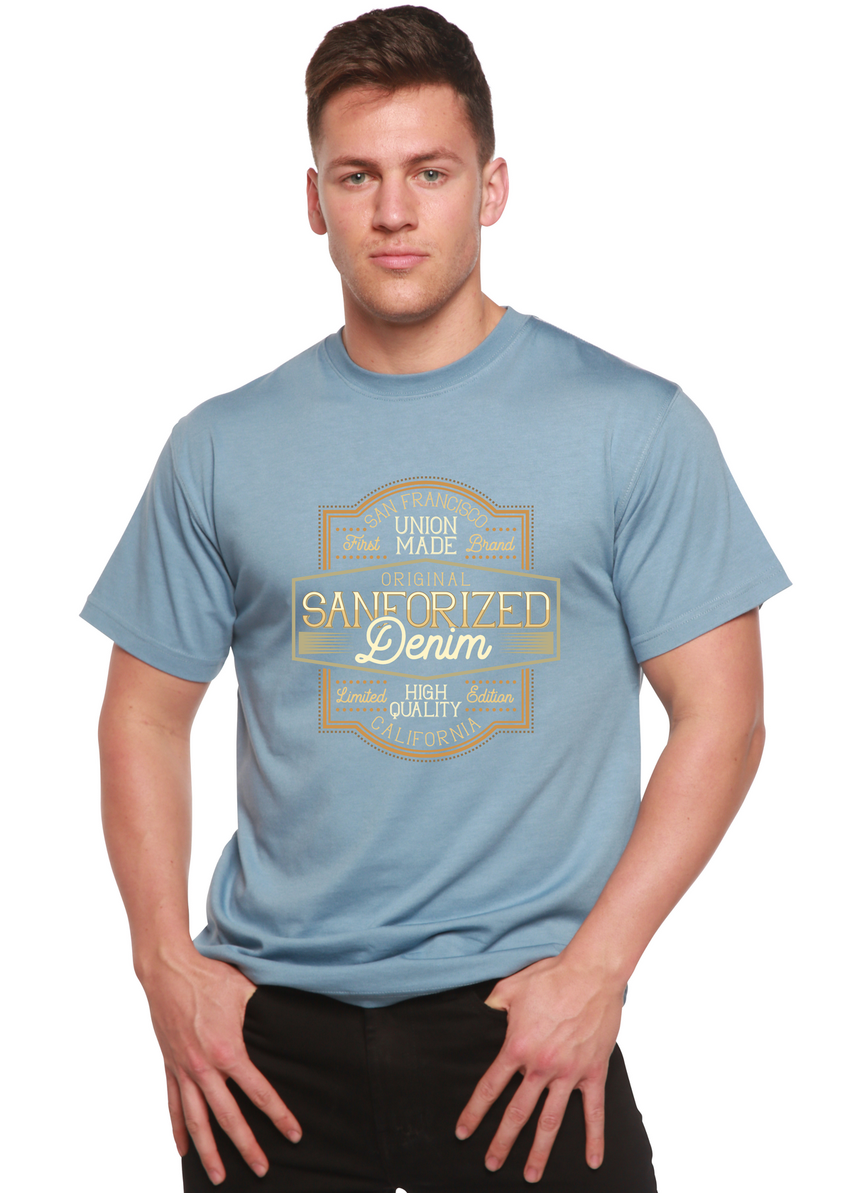 Spun Bamboo men's graphic T-shirt made of Sanforized denim with bamboo viscose and organic cotton, featuring a printed design.