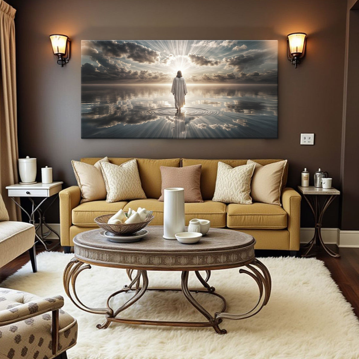 Faith-themed canvas wall art titled "Walking on Water" by Tailored Canvases, featuring a serene water scene with inspirational message.