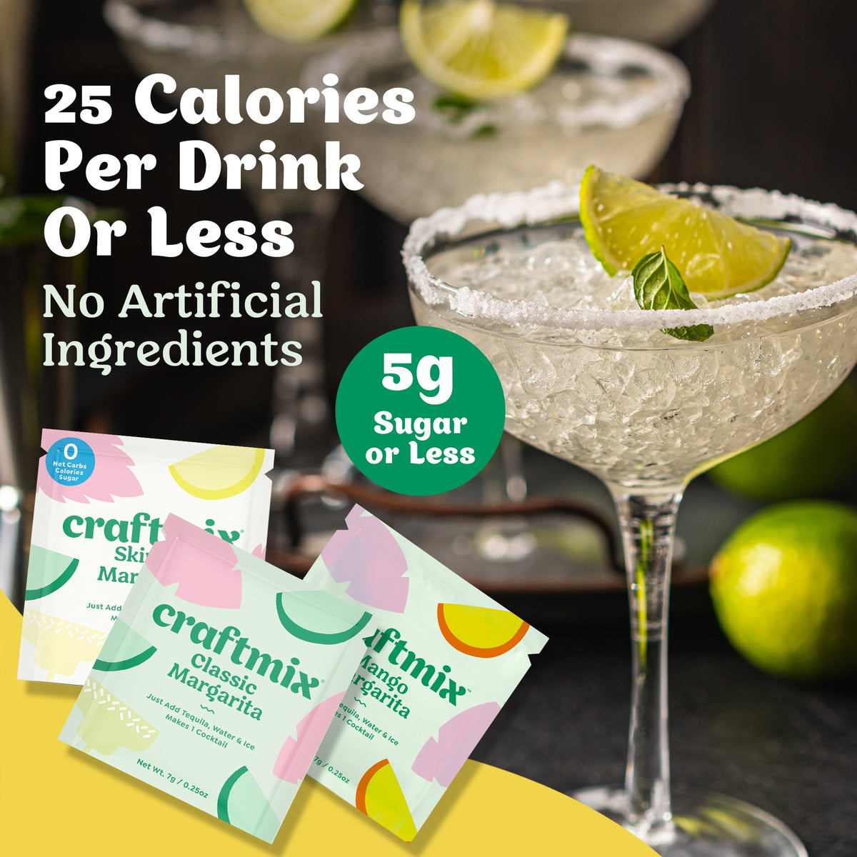Craftmix Margarita Variety cocktail mix pack with multiple flavors displayed in a colorful box, ideal for making margaritas at home.