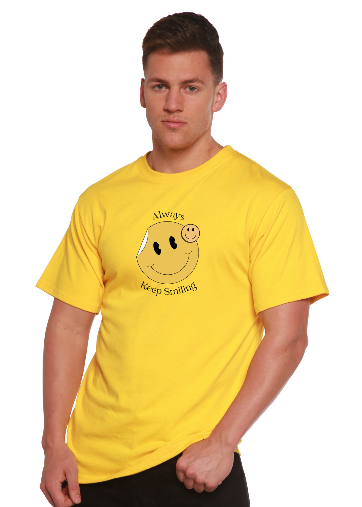 Men's printed graphic T-shirt by Spun Bamboo featuring a smiling design, made from bamboo viscose and organic cotton fabric.