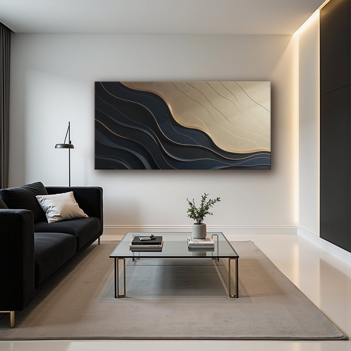 Black and gold minimalist abstract canvas artwork by Tailored Canvases featuring modern geometric design.