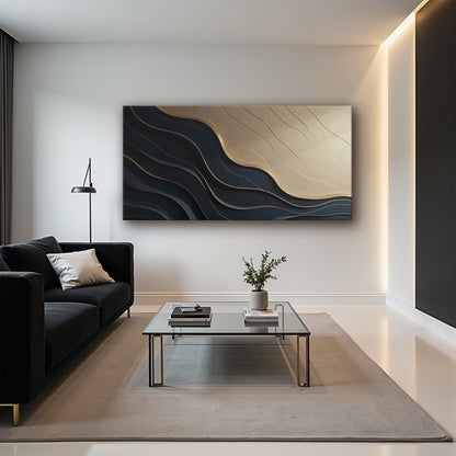 Black and gold minimalist abstract canvas artwork by Tailored Canvases featuring modern geometric design.